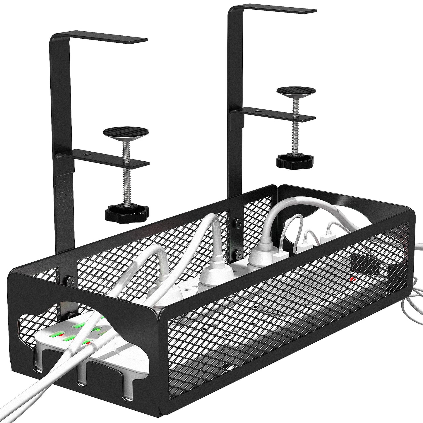 No Drill Under Desk Cable Management Tray-No Damage to Desk Adjustable Desk Wire Management Metal Under Desk Cord Basket Organizer Standing Cable Management Box Under Desk Fits Most Table (Black)