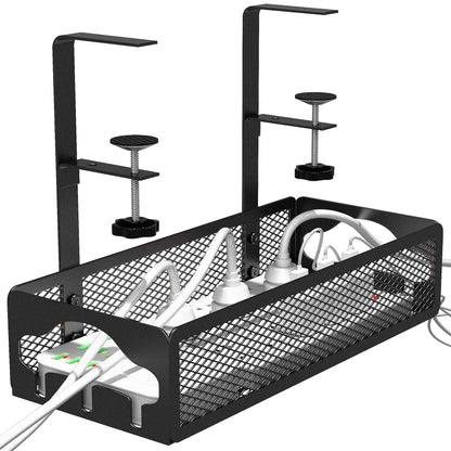 No Drill Under Desk Cable Management Tray-No Damage to Desk Adjustable Desk Wire Management Metal Under Desk Cord Basket Organizer Standing Cable Management Box Under Desk Fits Most Table (Black)