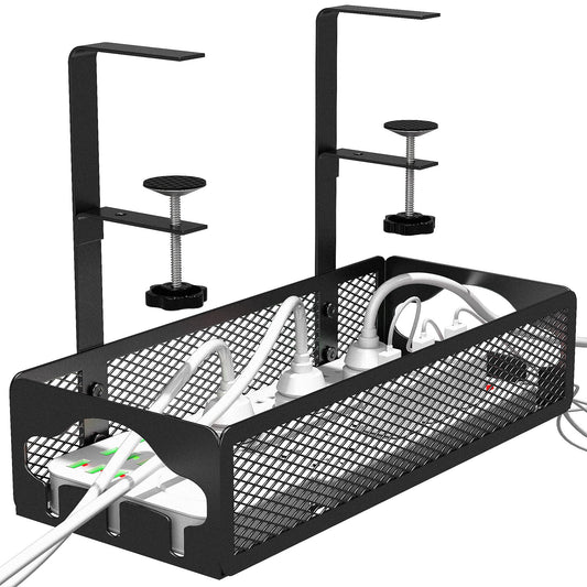 No Drill Under Desk Cable Management Tray-No Damage to Desk Adjustable Desk Wire Management Metal Under Desk Cord Basket Organizer Standing Cable Management Box Under Desk Fits Most Table (Black)
